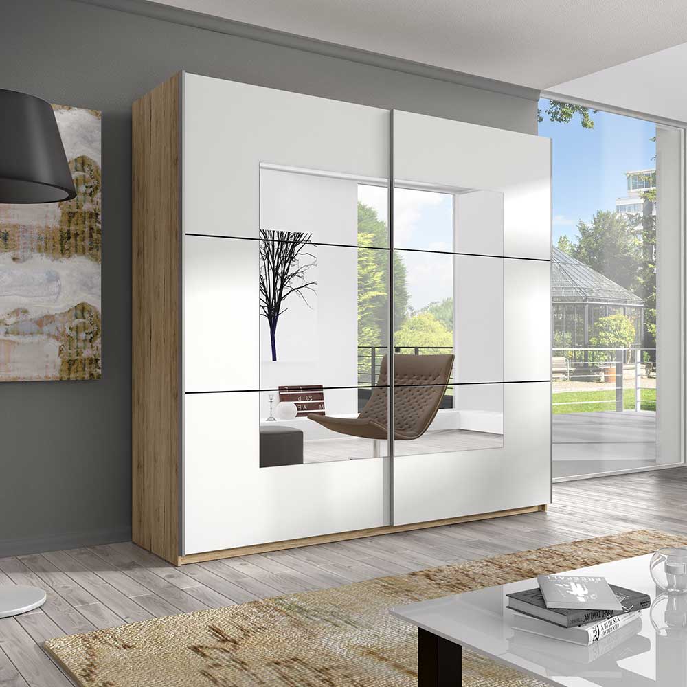 Design Schwebetürenschrank mit Spiegel in Weiß & Eiche San Remo - Anglivia