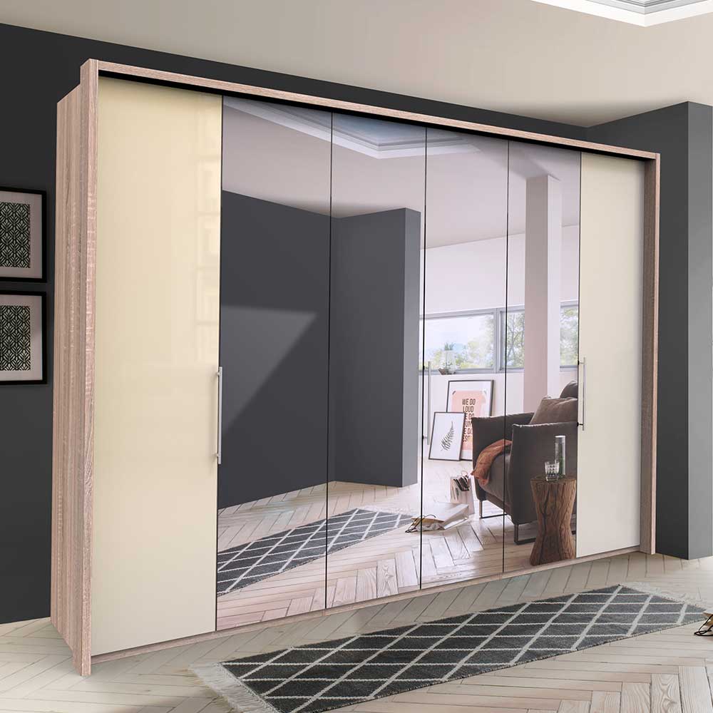 Kleiderschrank mit vier Spiegel Tür-Elementen & zwei Glas Tür-Elementen in  Creme - Rativian III