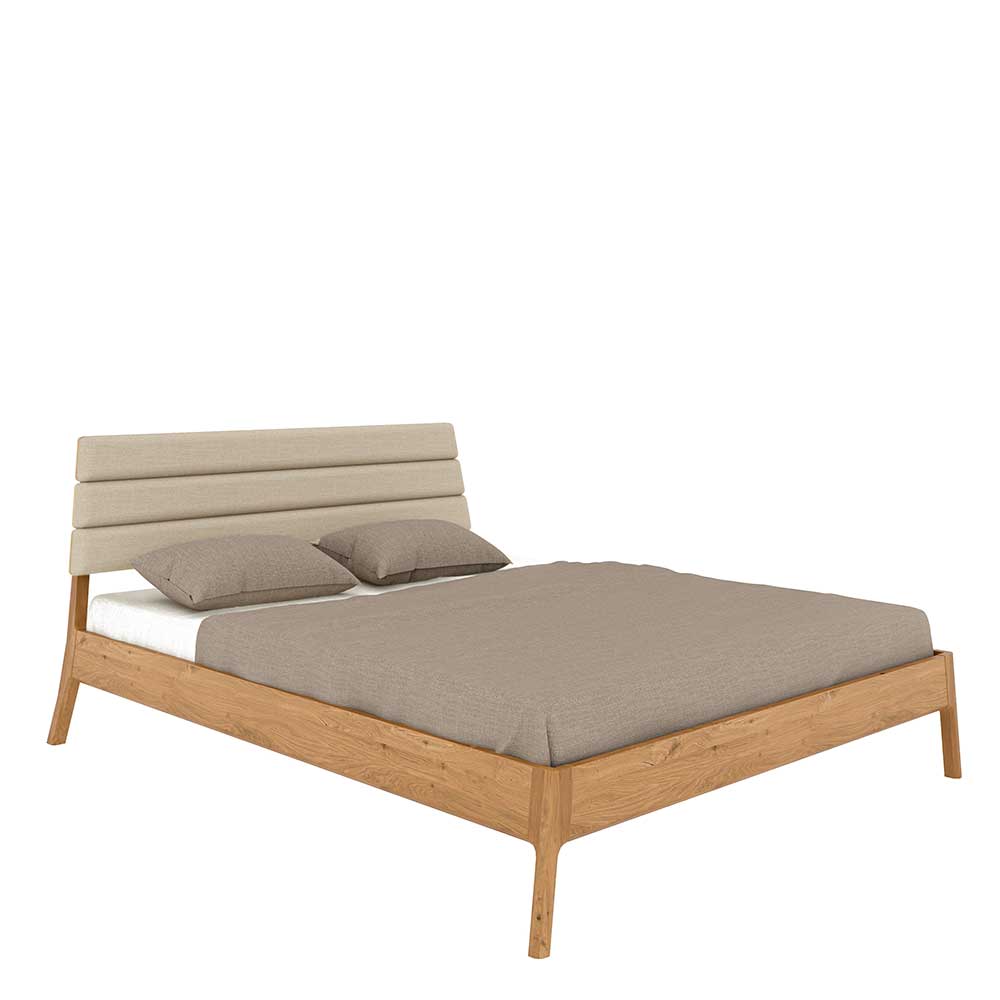 Wildeiche Holzbett mit Polsterkopfteil in Beige - Favorite