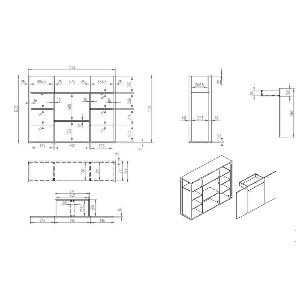 145x121x37 Wohnzimmerschrank mit Metallgriffen - Ridona II