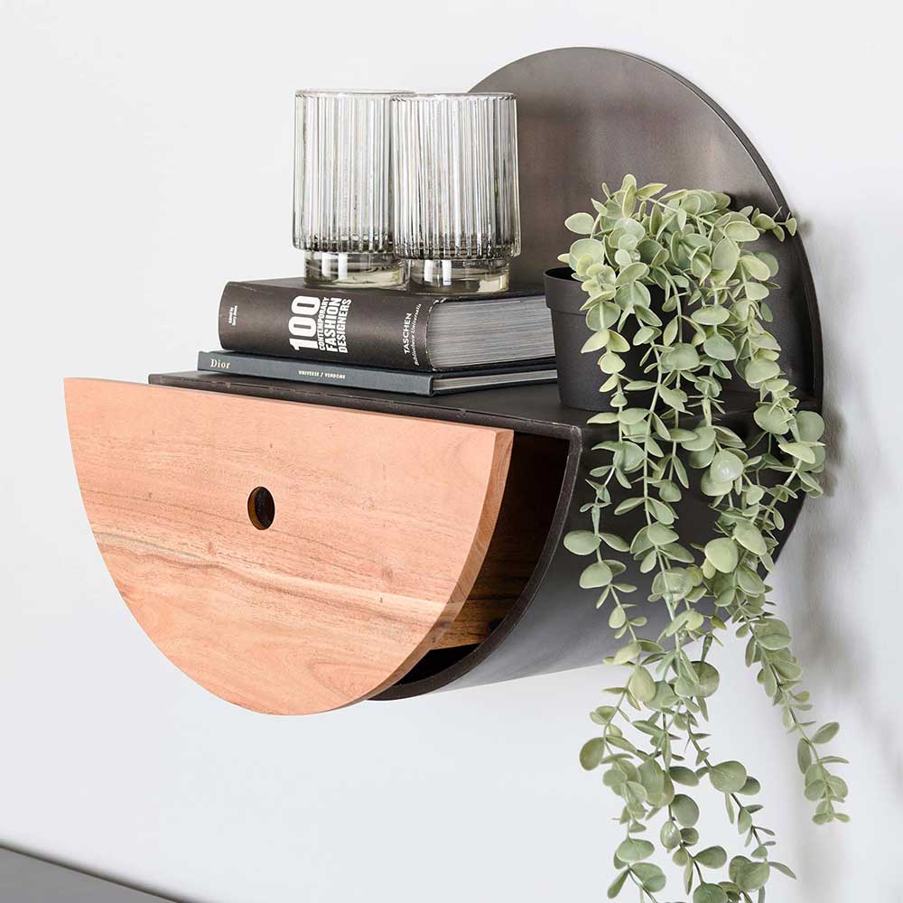 Design Wandregal mit einer Schublade aus Metall & Akazienholz - Runina