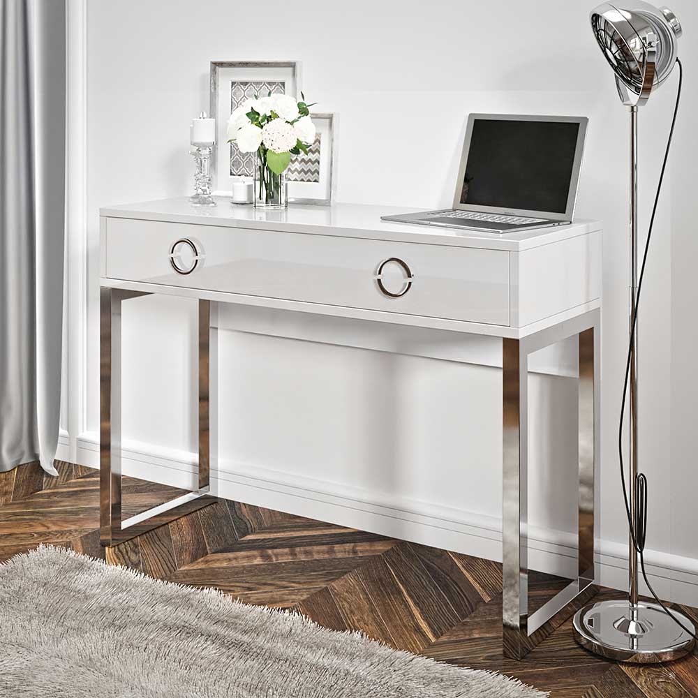 Schreibtisch in Weiß Hochglanz & Chrom - modernes Design - Etzga