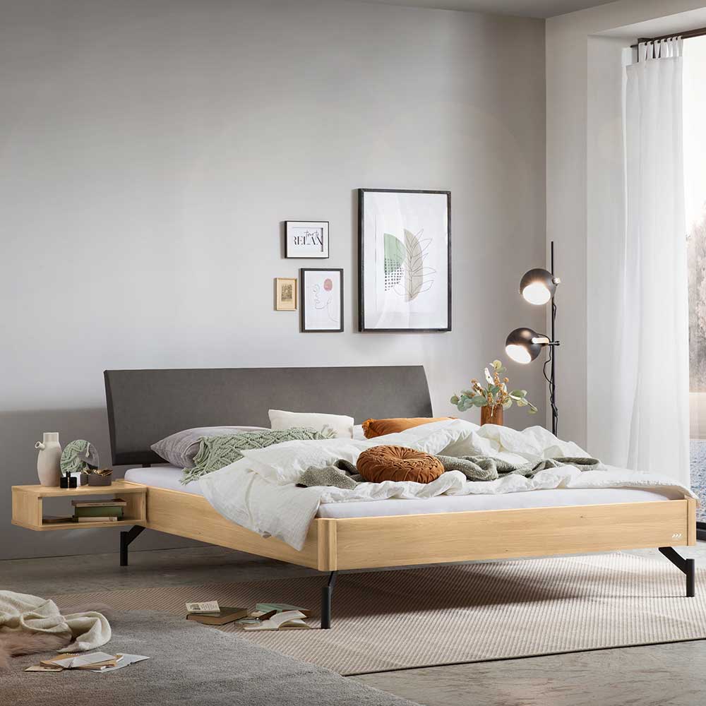 Industrial Bett aus in heller - mit Ezianas Kopfteilpolstern Grau Eiche Kunstleder