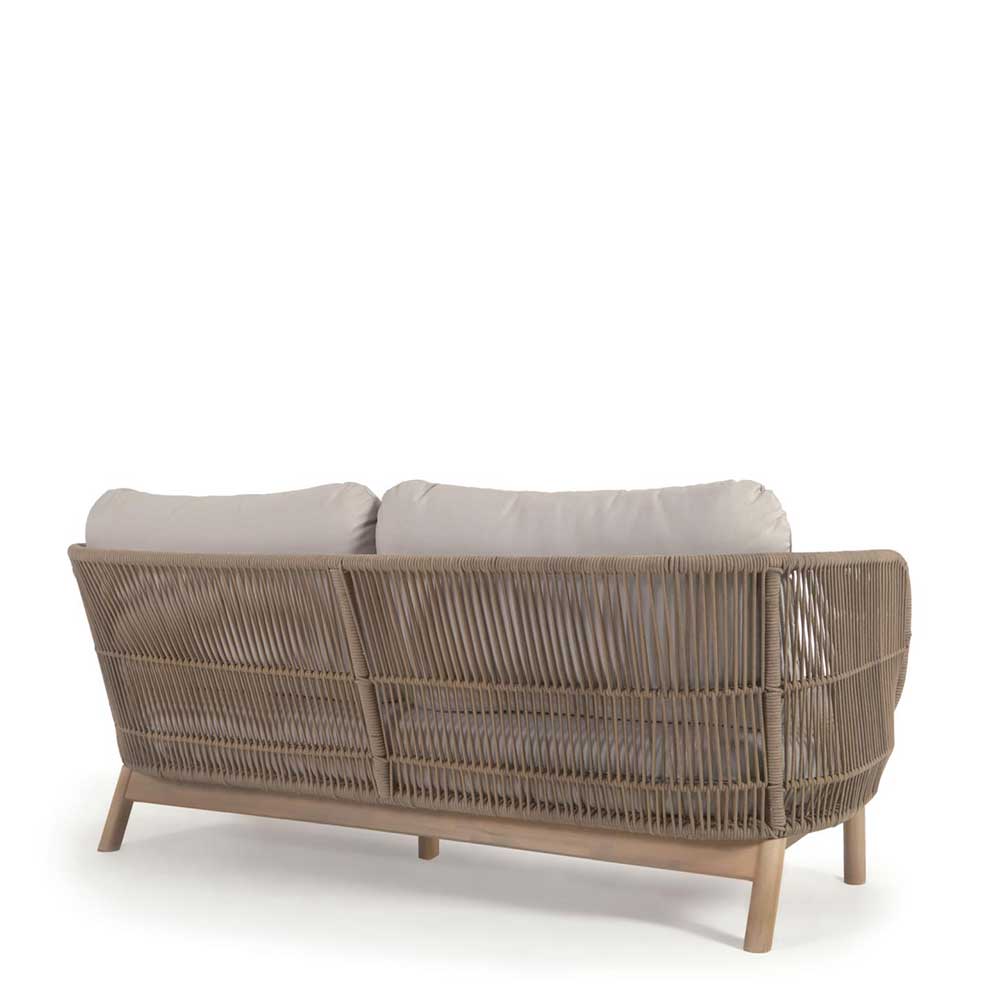 Sofa aus Kordel Geflecht & Holz mit Polster in Beige Stoff - Calivias