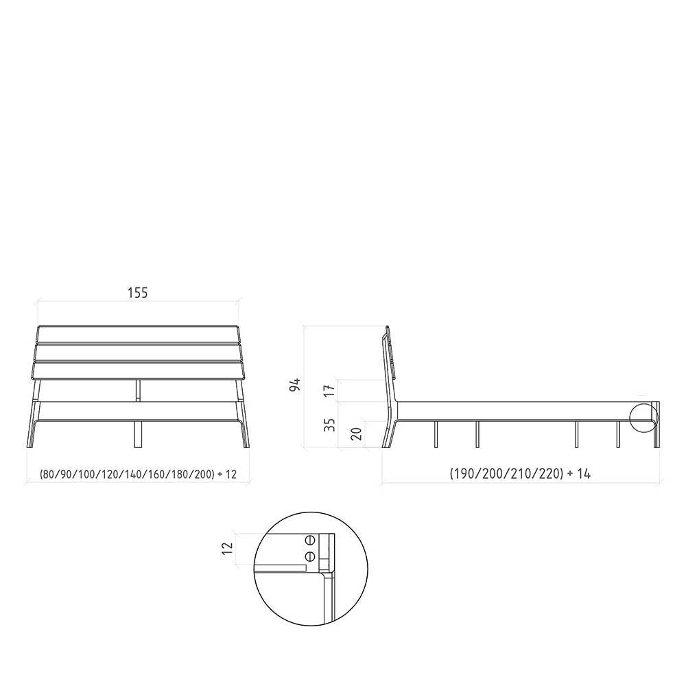 140x200 Designbett aus Wildeiche - Puwa