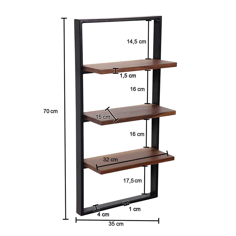 Hängeregal mit drei Sheesham Ablagen - Soufian