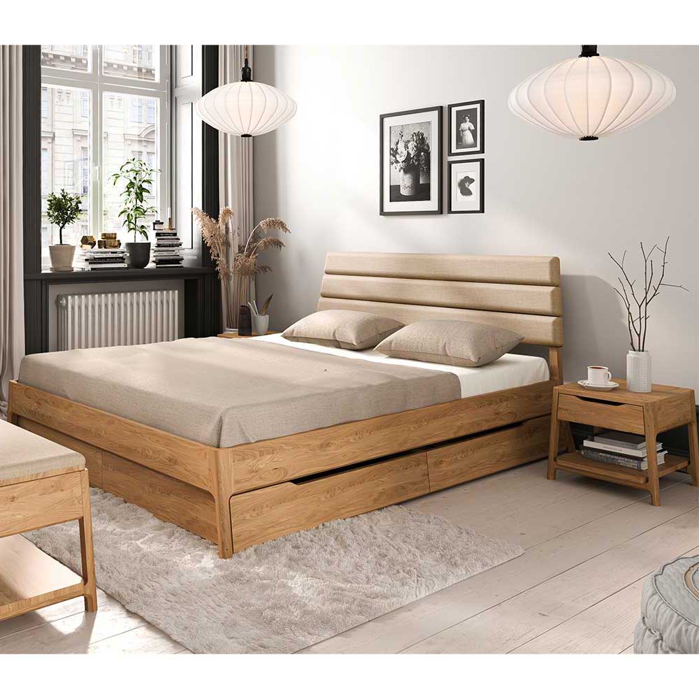 Wildeiche Holzbett mit Polsterkopfteil in Beige - Favorite