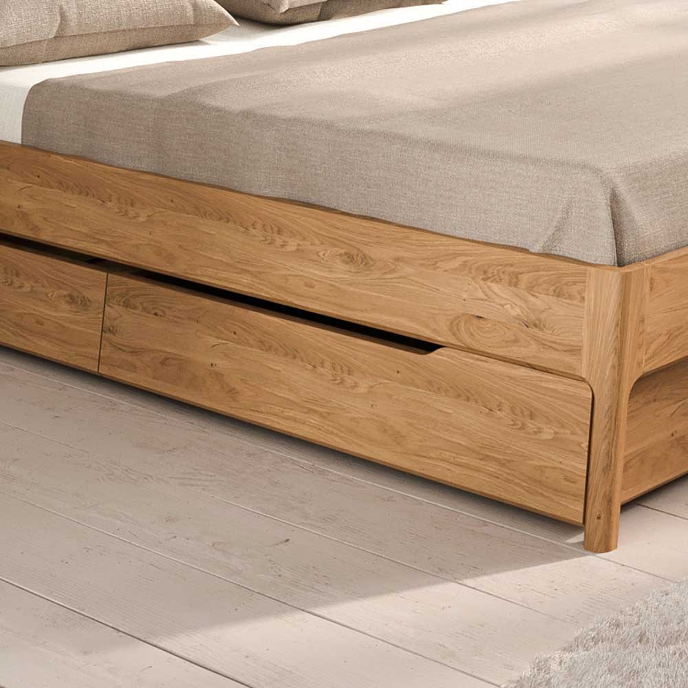 Wildeiche Holzbett mit Polsterkopfteil in Beige - Favorite