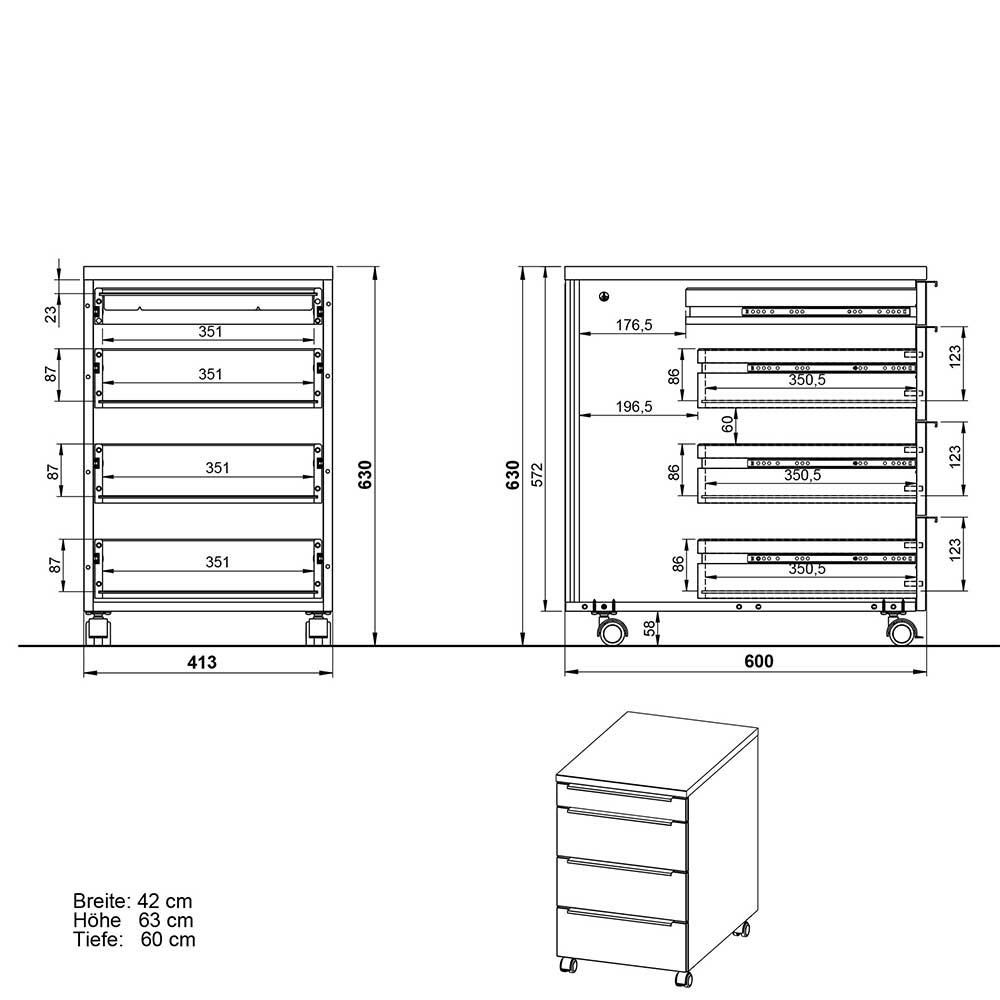 Weißer Büro Rollcontainer mit Metallgriffen - Sparkle