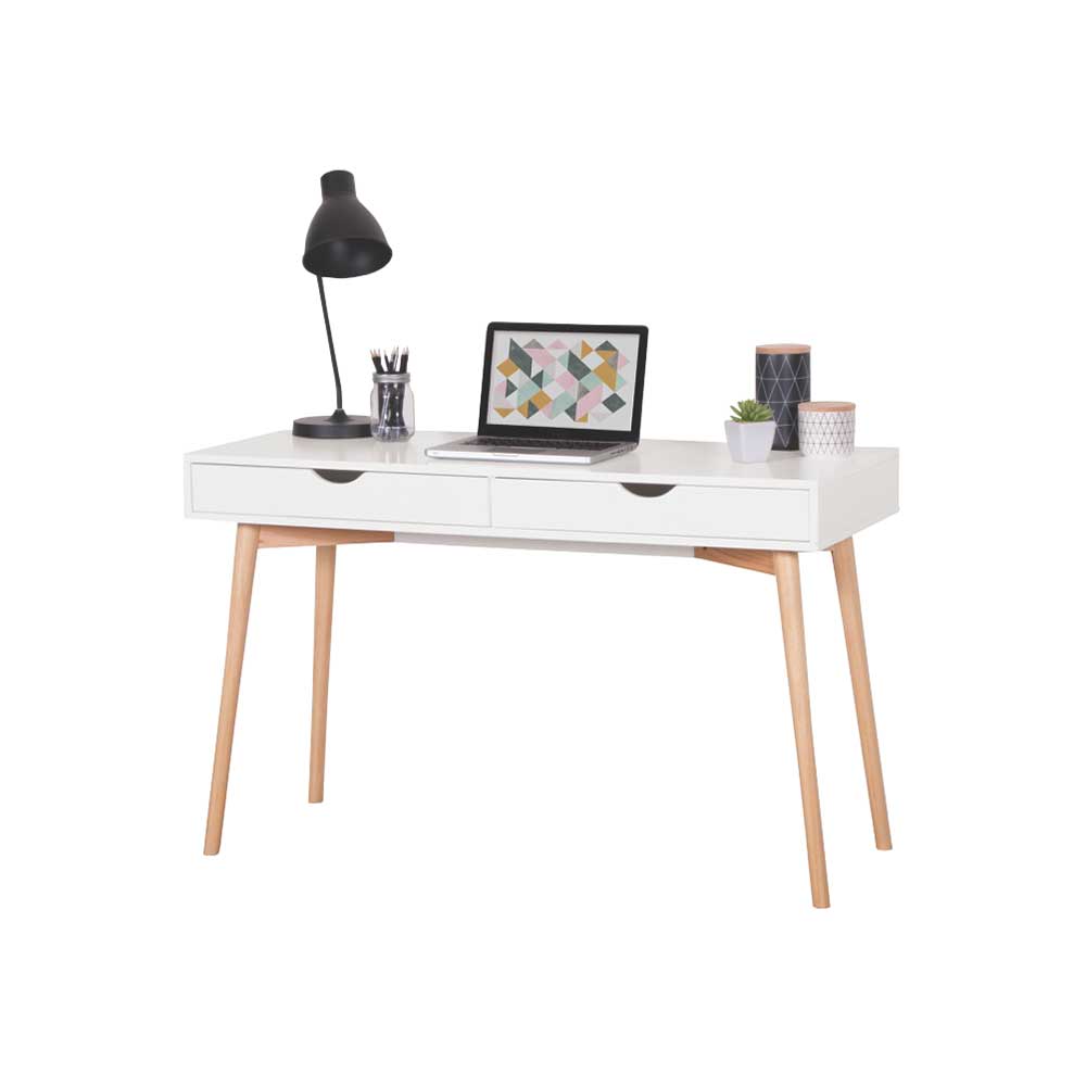 Scandi Design Schreibtisch in Weiß Natur mit zwei Schubladen - Livros