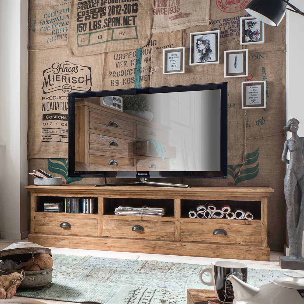 Rustikales TV Board aus Recyclingholz Teak gebürstet - Umilva