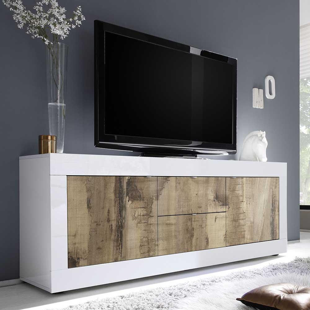 TV Schrank in Holz verwittert und Weiß Hochglanz - 210cm breit - Olvenion