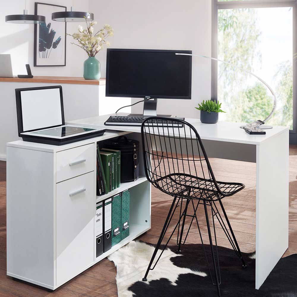 Schreibtisch mit Seitenregal in Weiß & Schublade & Türfach - Egorys