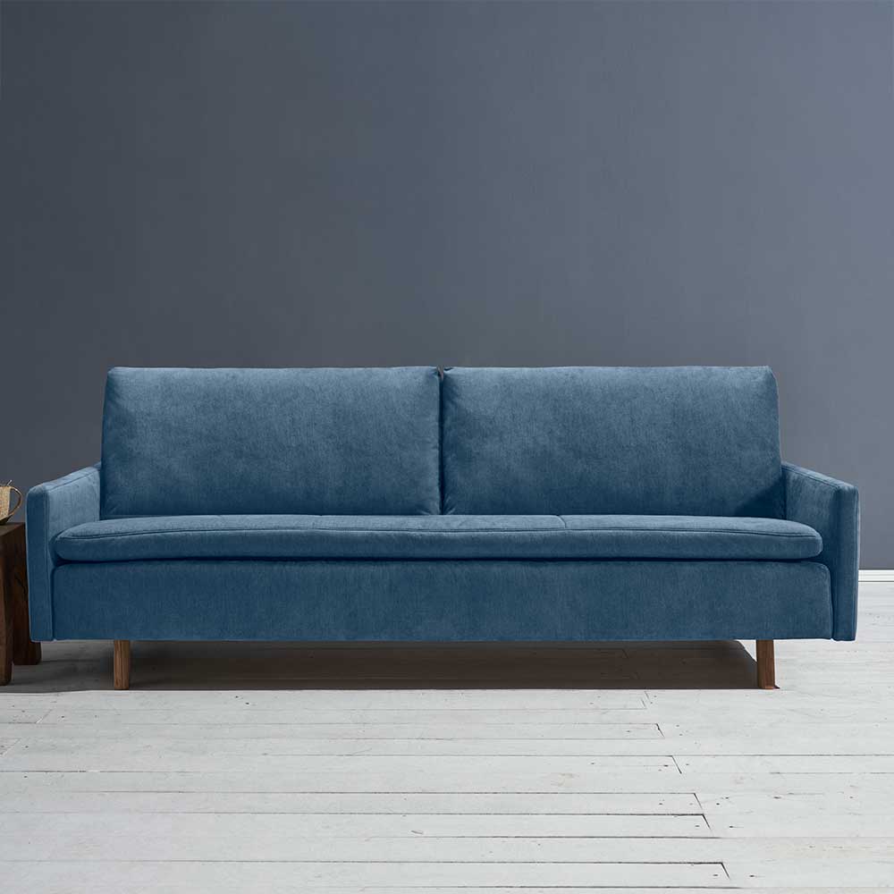 Microvelours Schlafsofa in Blau mit Eiche Beinen - Borough