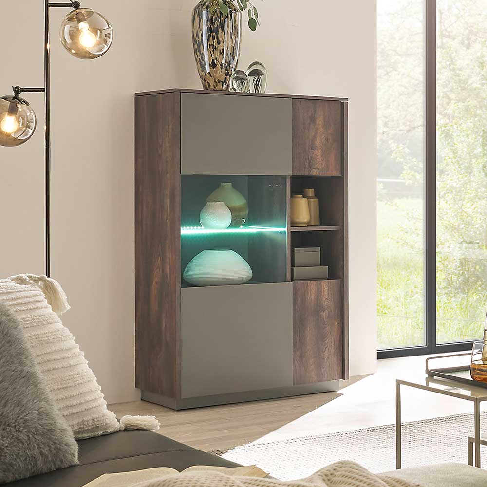 Highboard Vitrine in Eiche Dunkel & Grau - Mundo