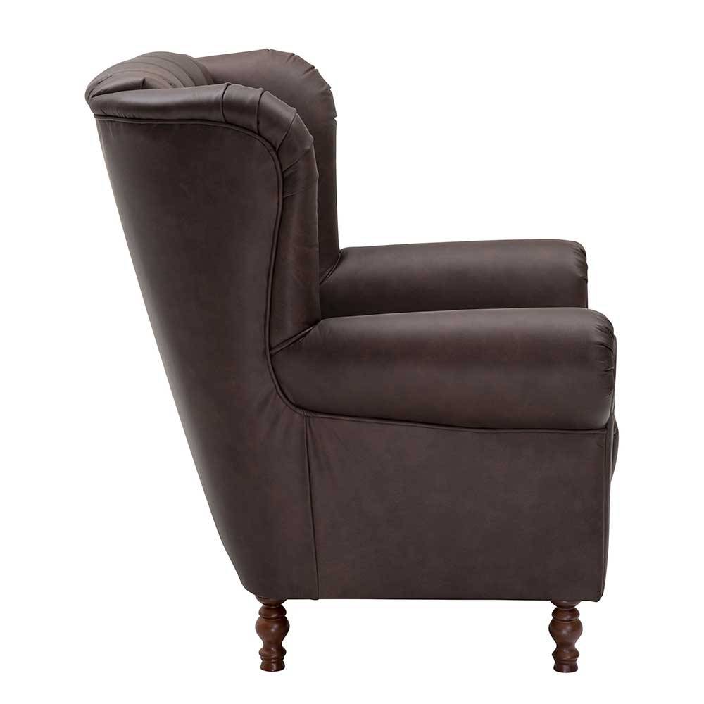 Brauner Federkernsessel mit Lederbezug - Chesterfield - Esmea