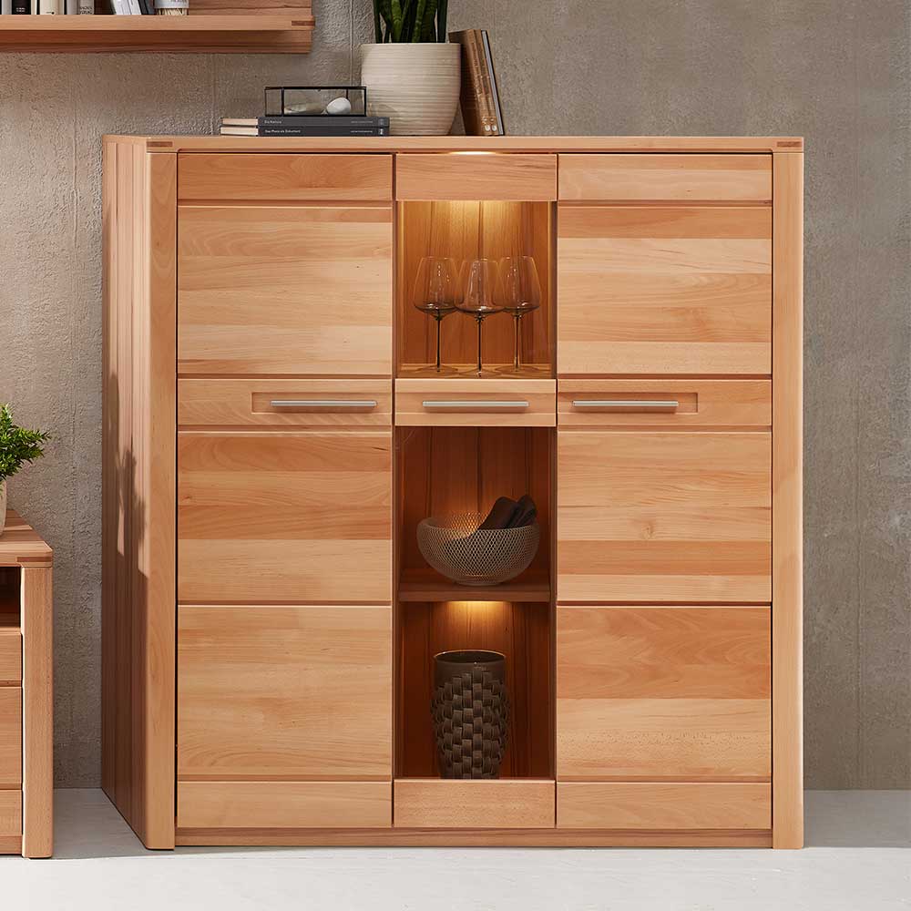 Highboard Vitrinenschrank aus Kernbuche massiv - Amyonta