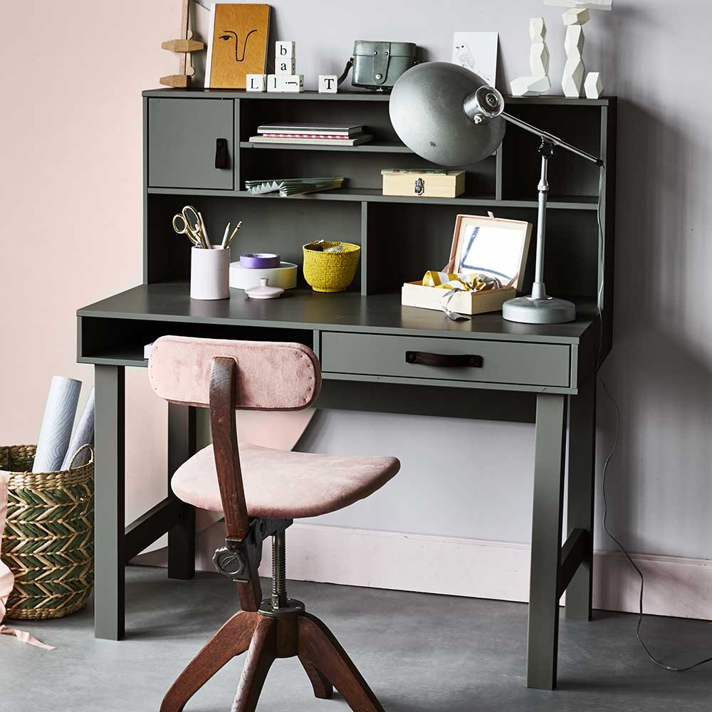 122x58 Schreibtisch mit Aufsatz in Graugrün Daraon aus Massivholz Kiefer 