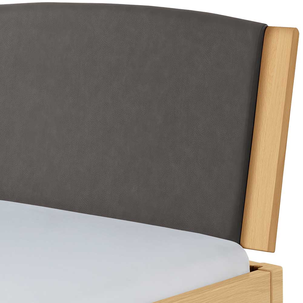 Industrial Bett aus heller - Grau Kopfteilpolstern mit Kunstleder in Ezianas Eiche