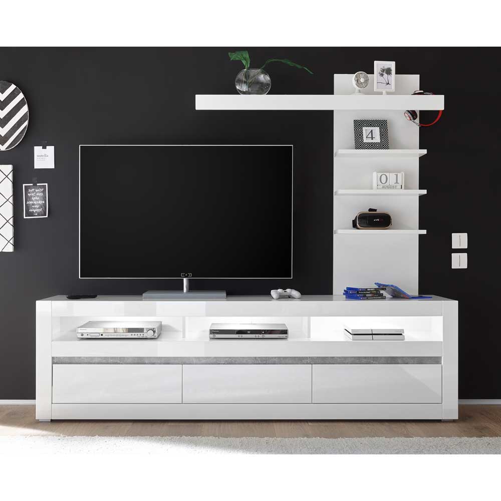 Hochglanz Lowboard fürs TV in Weiß mit 3 Schubladen & 2 Fächern 217x63x42 -  Mextra