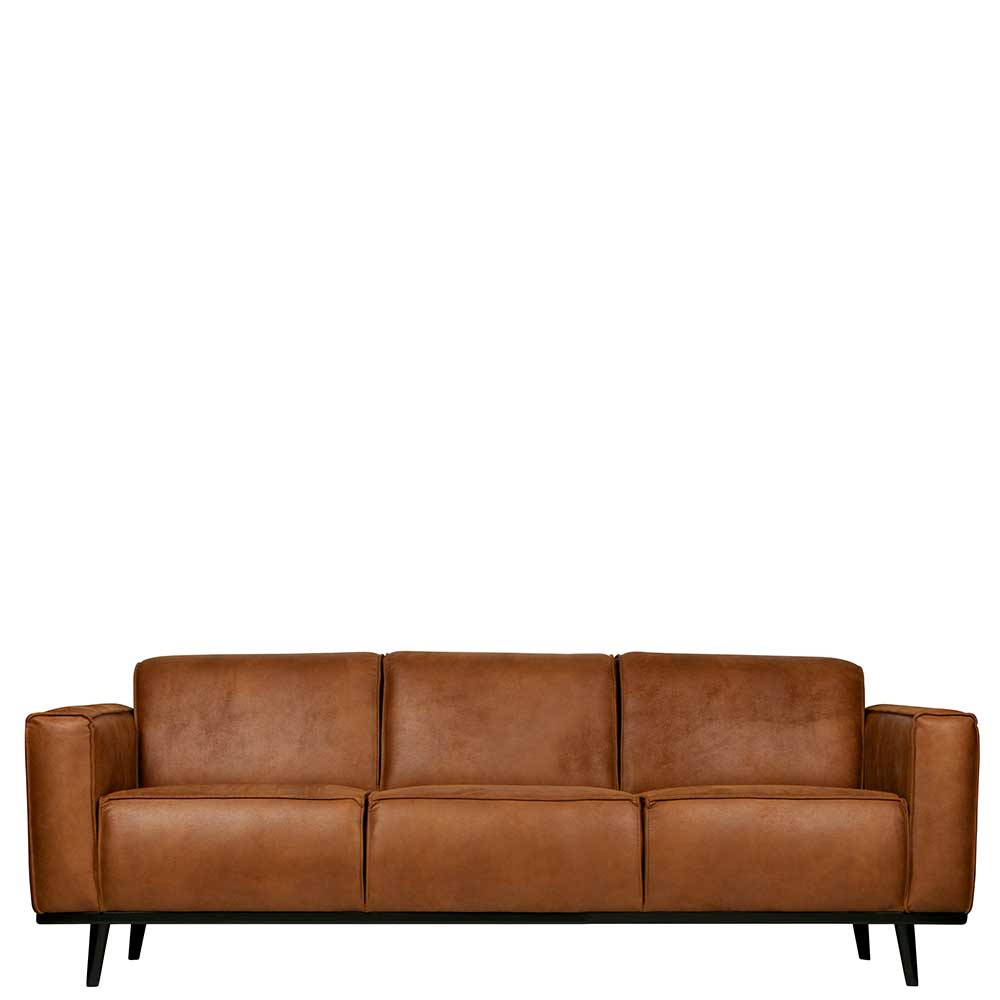 3er Leder Couch in Braun Cognac Recyclingleder mit Holz Schwarz
