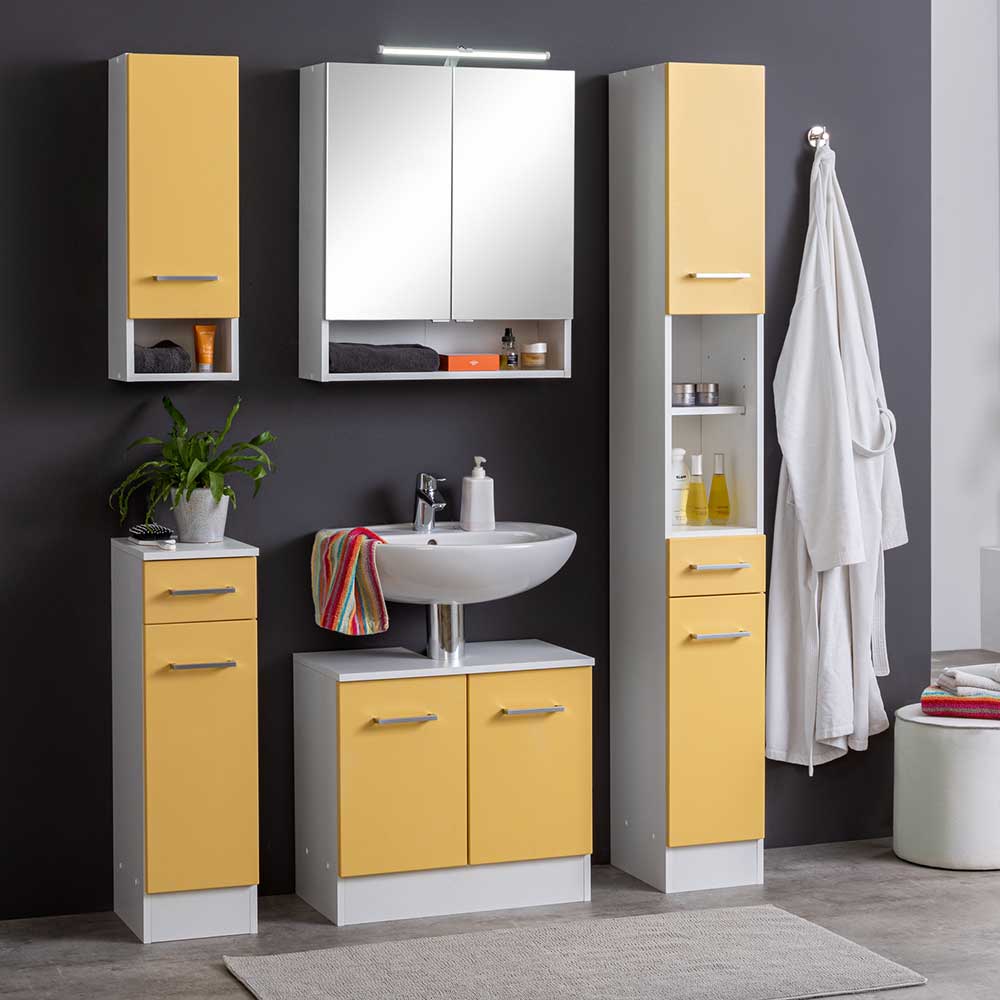 Envilia - in Hochschrank und Moderner 25x190x35 Gelb - Badezimmer Weiß