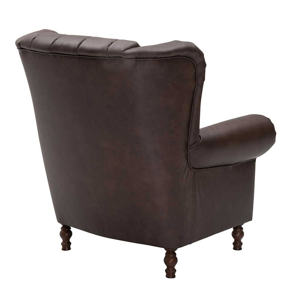 Brauner Federkernsessel mit Lederbezug - Chesterfield - Esmea