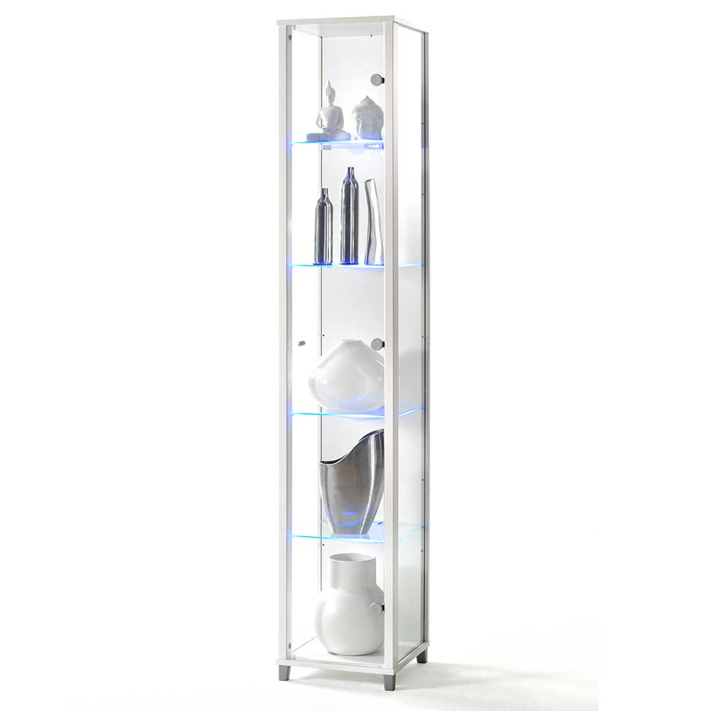 172 cm hohe Glasvitrine in MDF Ralf - Weiß mit LED Beleuchtung