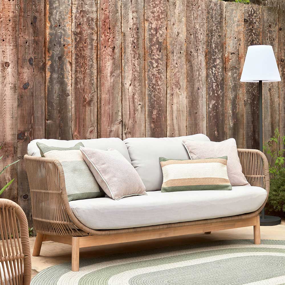 Sofa aus Kordel Geflecht & Holz mit Polster in Beige Stoff - Calivias