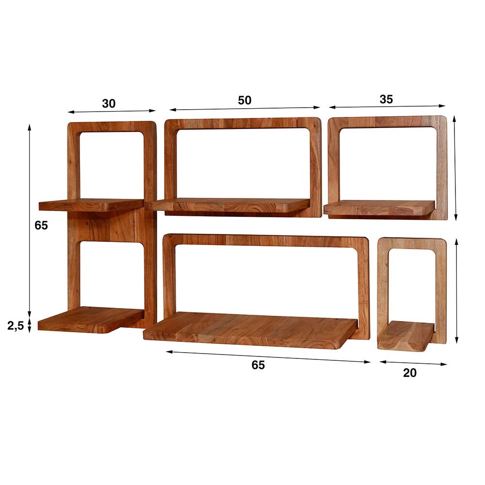 Design Wandregal Kombi aus Akazie - Babsi (fünfteilig)