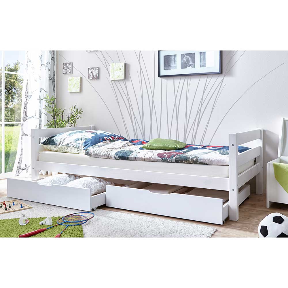 Massivholz Einzelbett mit Bettkasten aus Kiefer in Weiß ...