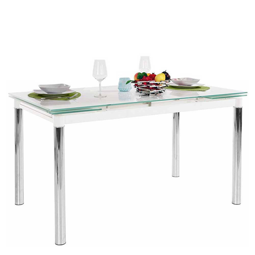 Verlängerbarer Designtisch aus Weißglas & Chrom mit 2 Einlegeplatten -  Segradon