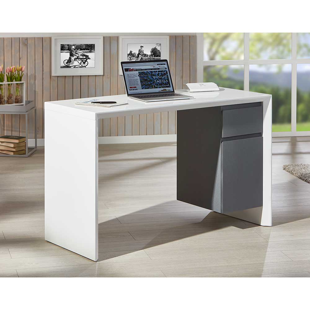 120x50 Hochglanz Schreibtisch in Weiß mit Grau - 1-türig & Schublade -  Otrando