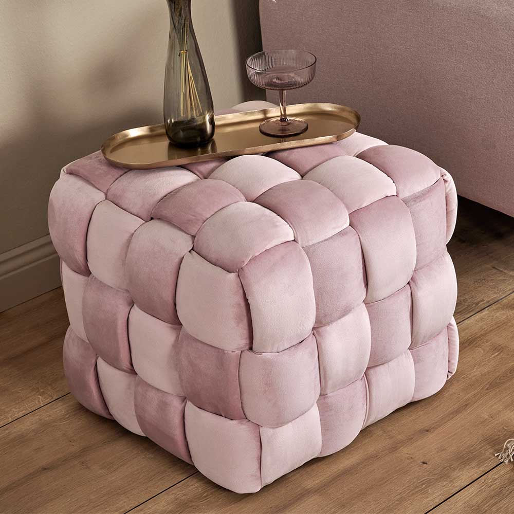 Flechtdesign Hocker in Rosa Samt - Amelie