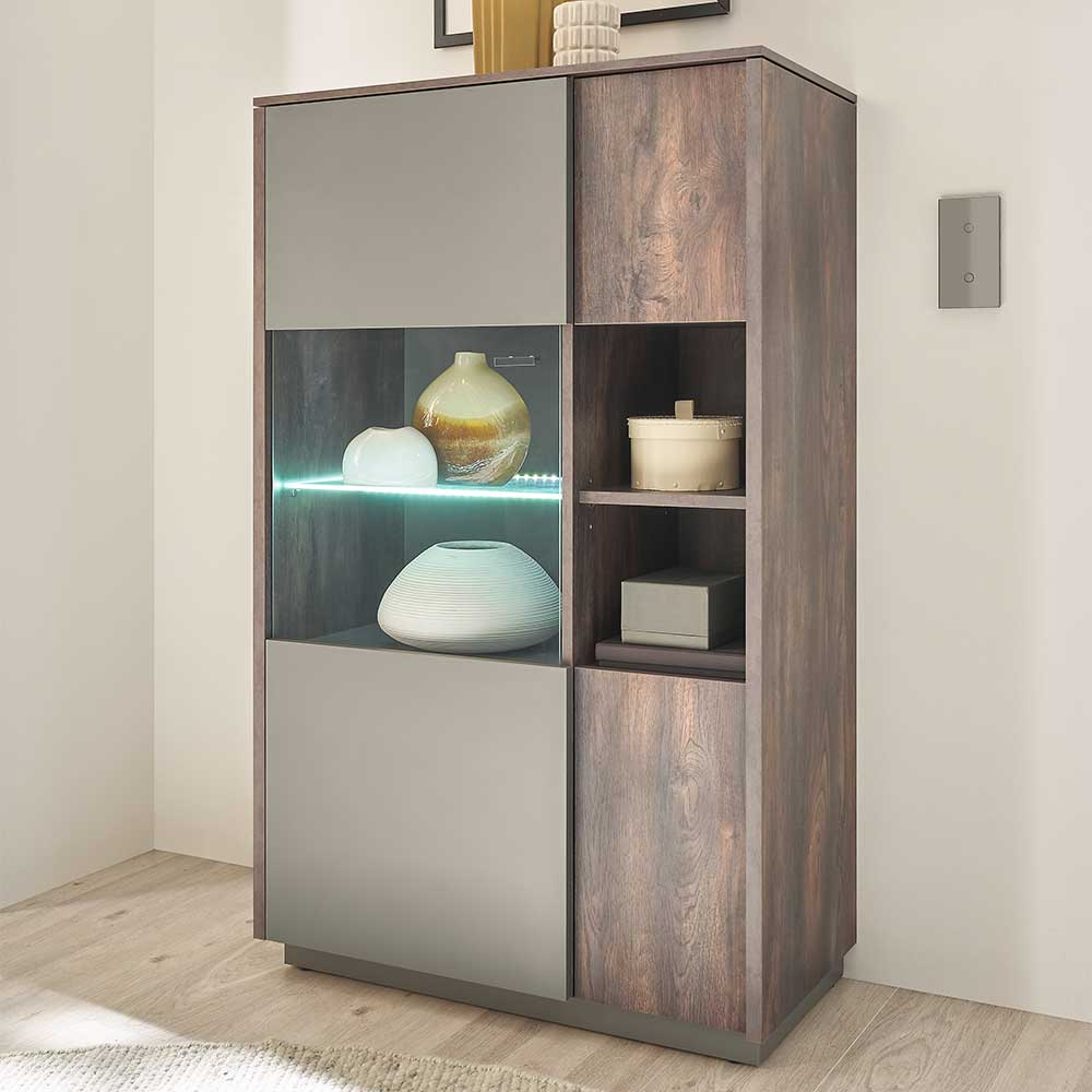 Highboard Vitrine in Eiche Dunkel & Grau - Mundo