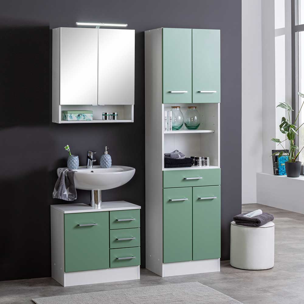 50x190x35 Badezimmer Schrank in Grün und Weiß mit Metallgriffen - Loenixa
