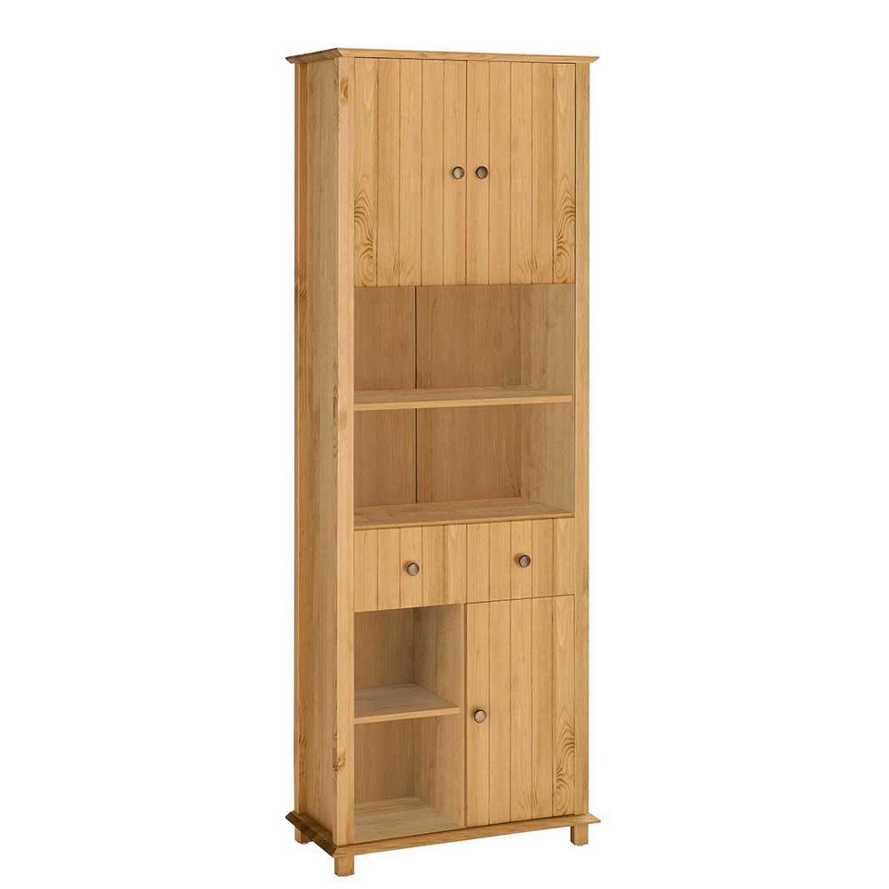 60x175x30 Bad Hochschrank aus Holz Kiefer - 3 Türen & 4 Fächer & 2  Schubladen - Akzinad