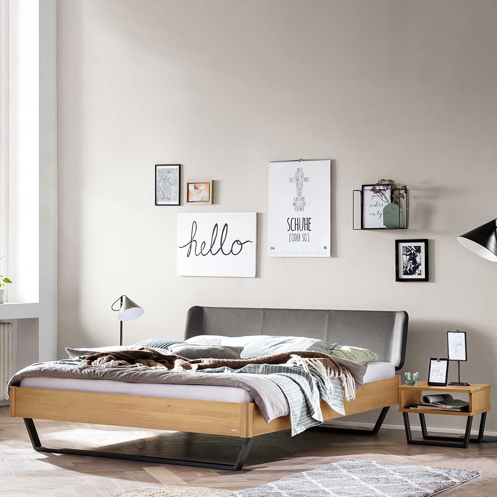 Industrial Bett aus heller mit Kunstleder Ezianas - in Kopfteilpolstern Grau Eiche