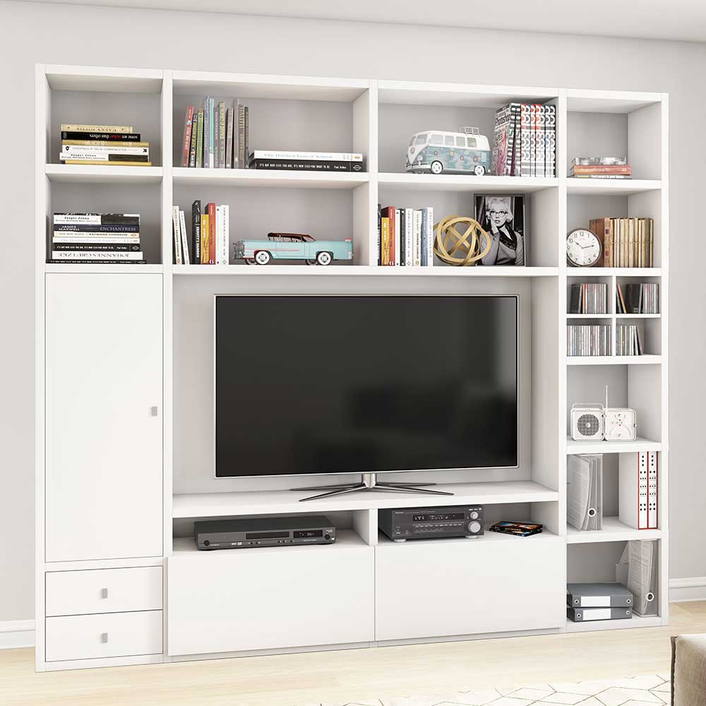 Wohnzimmer Oristano Weiß TV viel in mit Stauraum - Regalwand 251cm