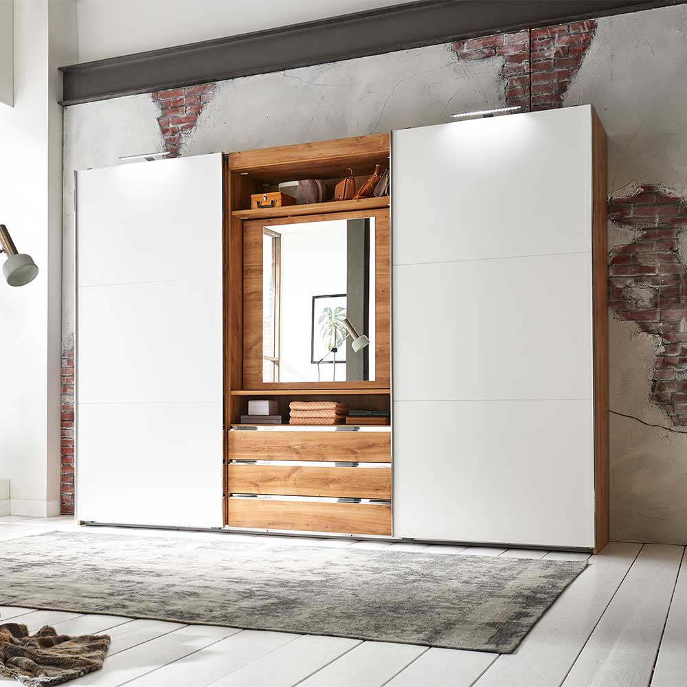 Zweifarbiger Schlafzimmerschrank extravagant in Weiß Plankeneiche - Dekor & Stufania