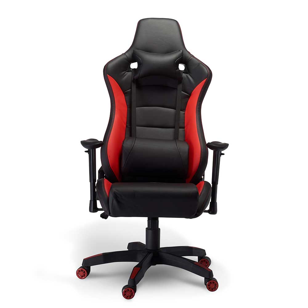 Moderner Gaming Stuhl mit Nacken- & Lendenkissen in Schwarz mit Rot - Cancun