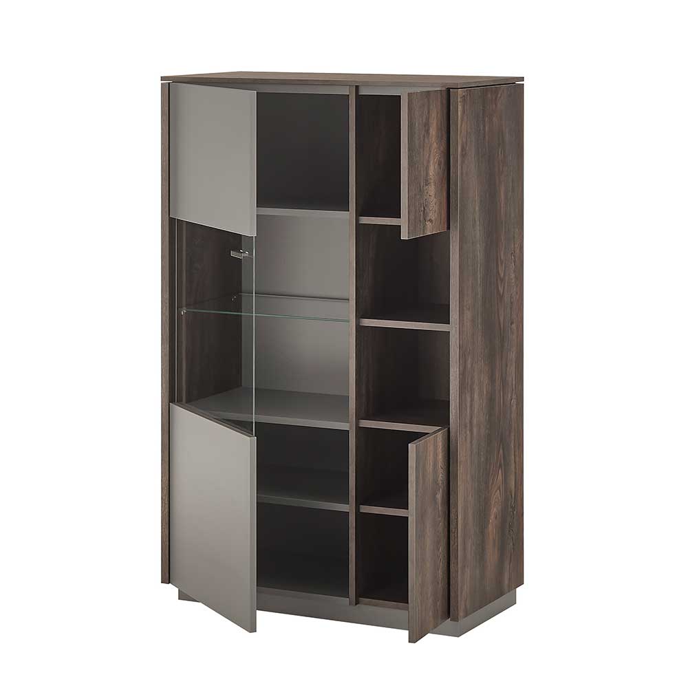 Highboard Vitrine in Eiche Dunkel & Grau - Mundo